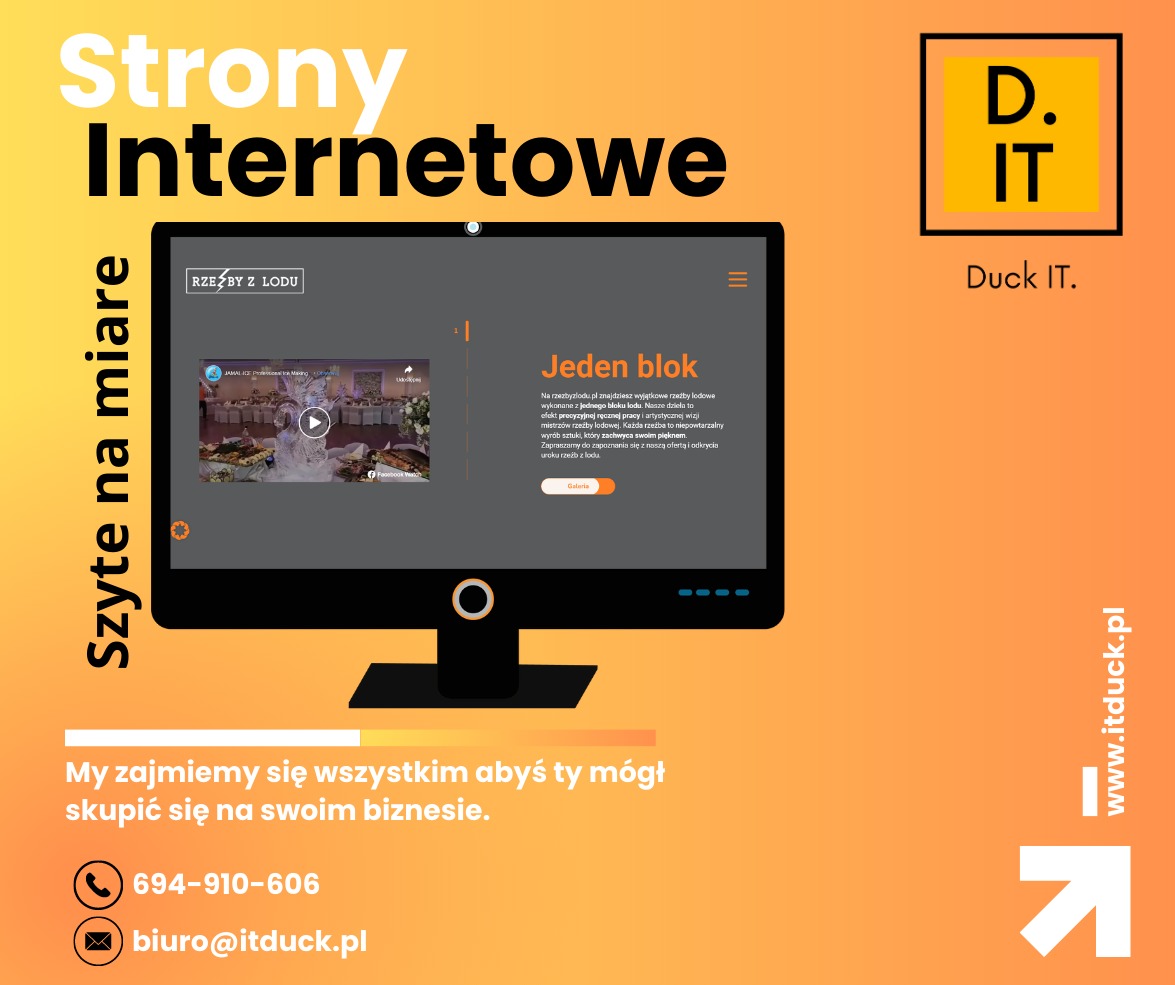 Pomarańczowe tło z prezentacją strony internetowej firmy Duck IT, oferującej strony internetowe szyte na miarę, z przykładem rzeźb lodowych.