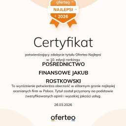 POŚREDNICTWO FINANSOWE JAKUB ROSTKOWSKI - Certyfikat Oferteo Najlepsi 2026 dla Pośrednictwa Finansowego Jakub Rostkowski, potwierdzający obecność w elitarnym gronie najlepiej ocenianych firm w Polsce.
