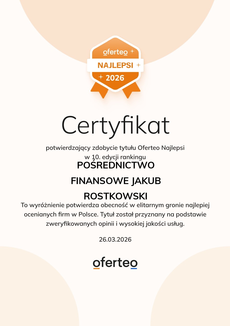 Certyfikat Oferteo Najlepsi 2026 dla Pośrednictwa Finansowego Jakub Rostkowski, potwierdzający obecność w elitarnym gronie najlepiej ocenianych firm w Polsce.