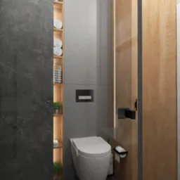 Minimalistyczna łazienka z wiszącą toaletą, szarą ścianą z efektem betonu, drewnianą kabiną prysznicową i wysoką, wąską szafką z półkami na ręczniki i rośliny.