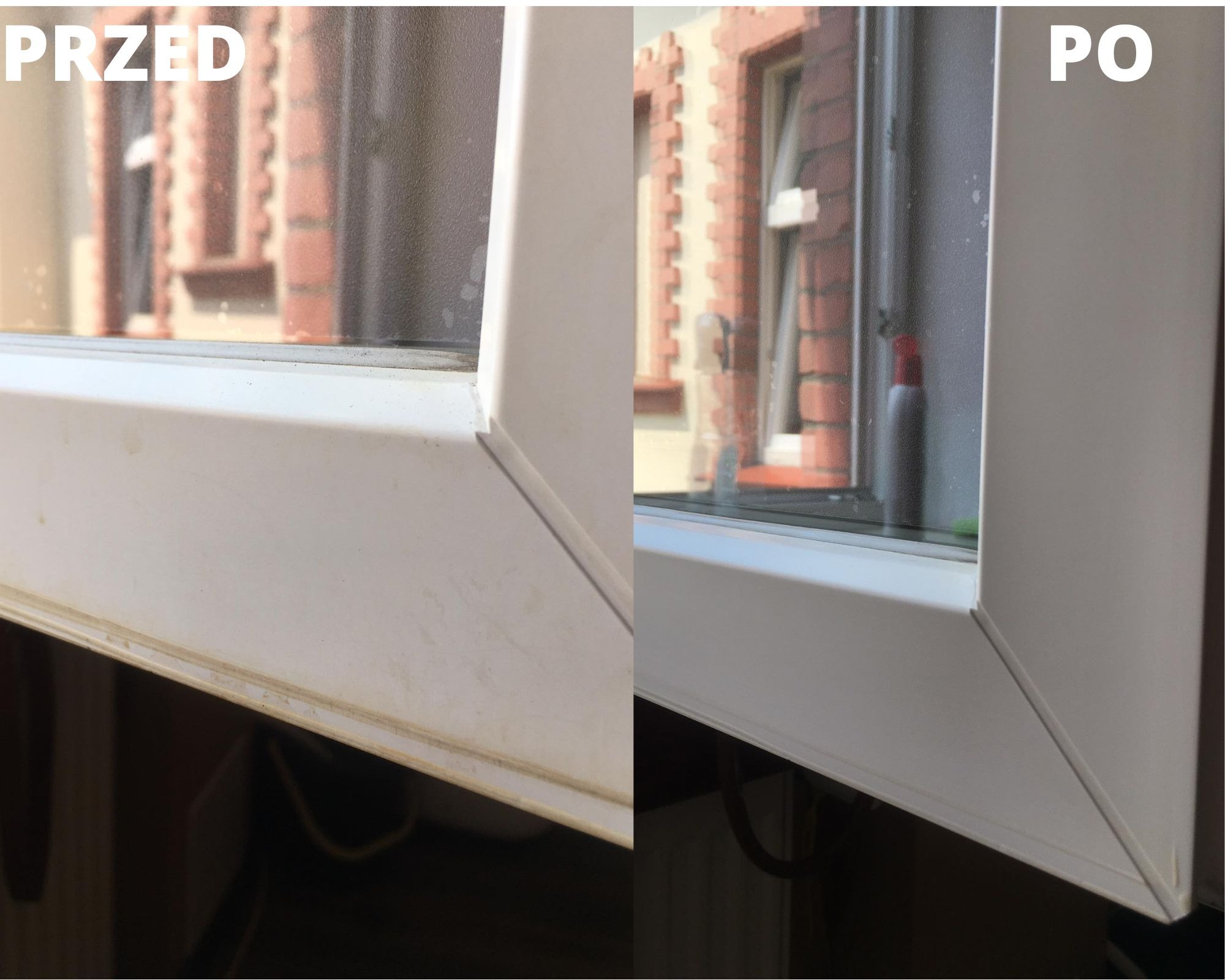 Porównanie stanu okna przed i po umyciu, widoczna różnica w czystości ramy i szyby z widokiem na ceglany budynek.