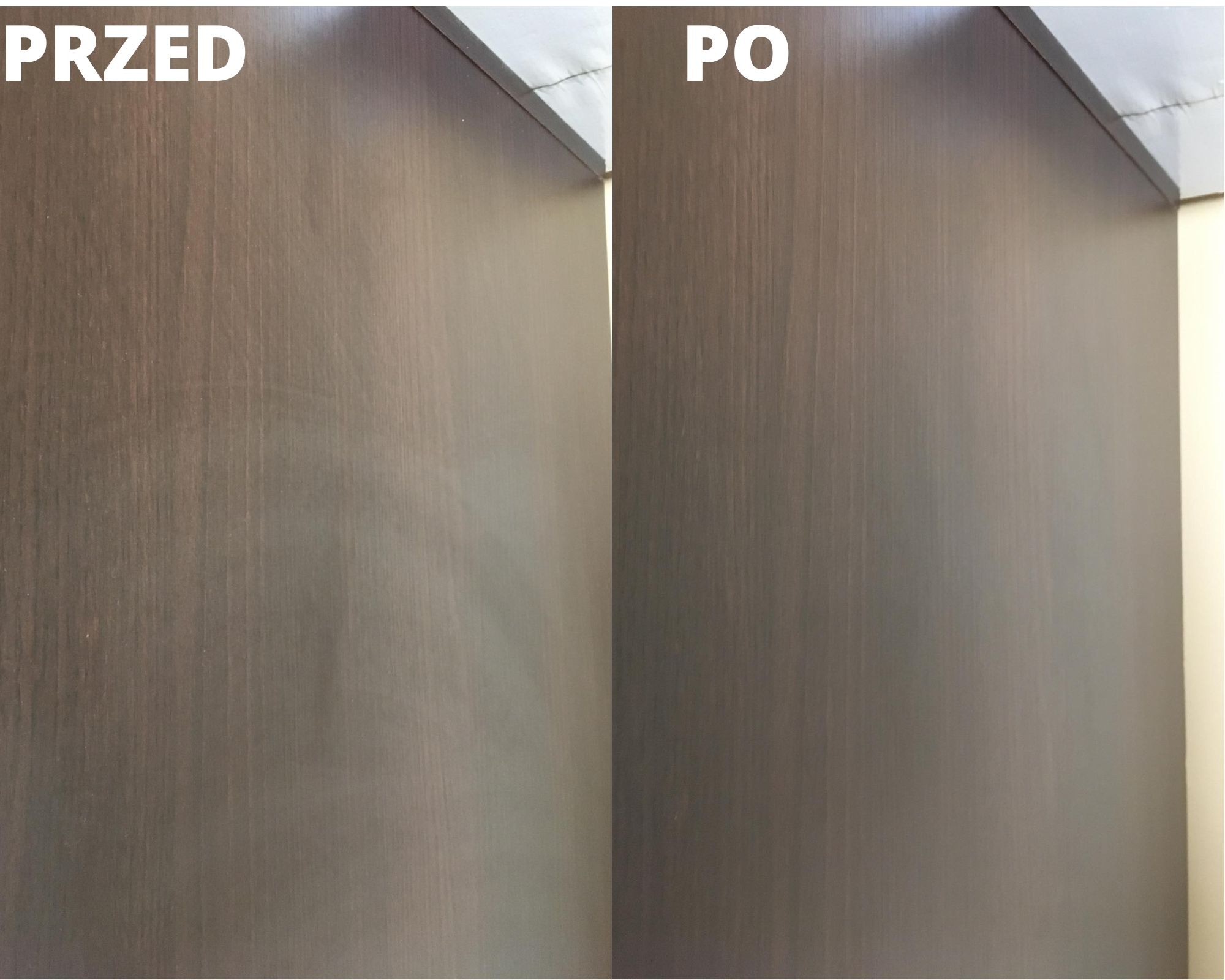 Porównanie stanu powierzchni drewnianej przed i po czyszczeniu, widoczne różnice w odcieniu i usunięcie zabrudzeń.