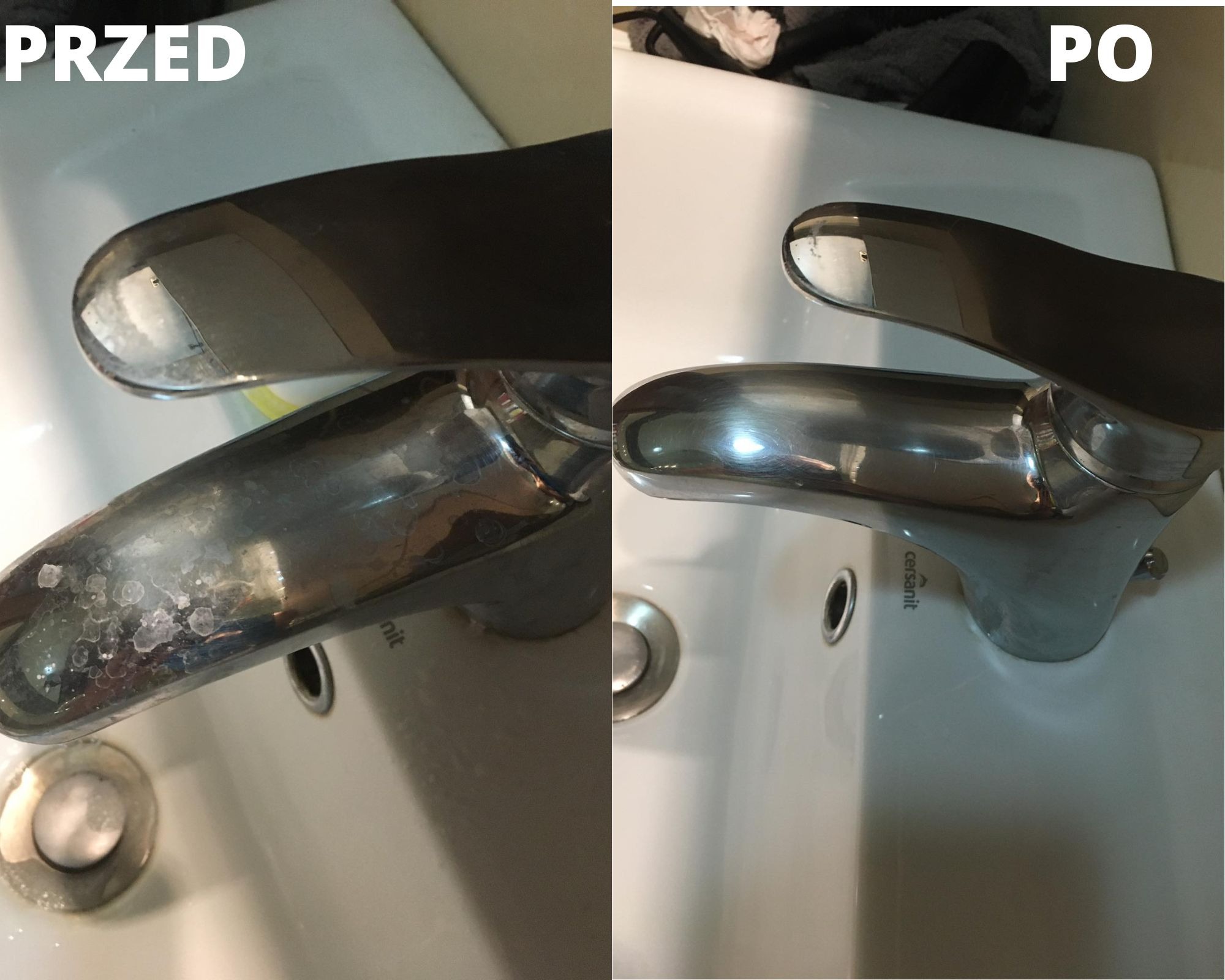 Porównanie stanu kranu przed i po czyszczeniu: po lewej stronie widoczne osady kamienia, po prawej - lśniąca powierzchnia.