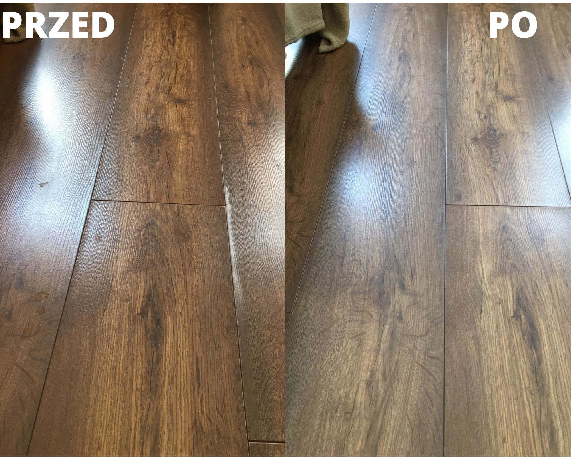 Porównanie czystości paneli podłogowych: fragment podłogi z widocznymi zabrudzeniami i plamami oznaczony 'PRZED' zestawiony z czystym fragmentem oznaczonym 'PO', z widocznym fragmentem szmatki w tle.