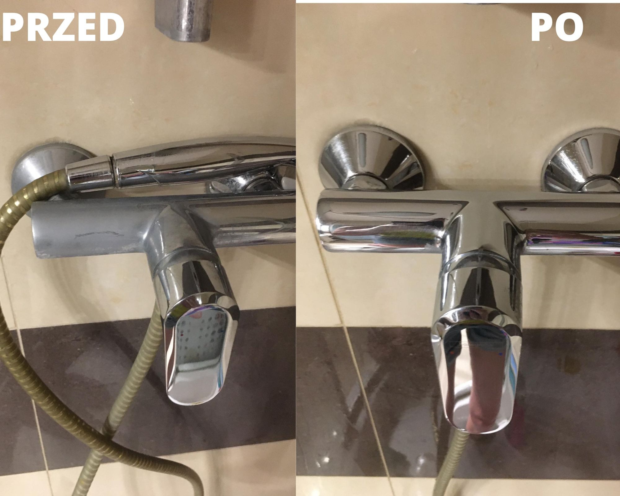 Kran prysznicowy w Bydgoszczy: porównanie stanu przed i po czyszczeniu, widoczne osady usunięte, przywrócony połysk chromu.