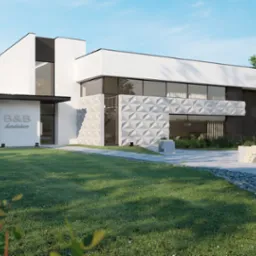 Wizualizacja nowoczesnego domu z białą elewacją, geometrycznym panelem dekoracyjnym, dużymi oknami i minimalistycznymi ławkami na trawniku.