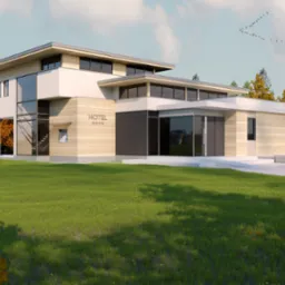 Wizualizacja trzykondygnacyjnego, nowoczesnego hotelu z płaskim dachem, przeszkloną klatką schodową i elewacją z jasnego drewna, otoczonego zielonym trawnikiem i drzewami w jesiennych barwach,...