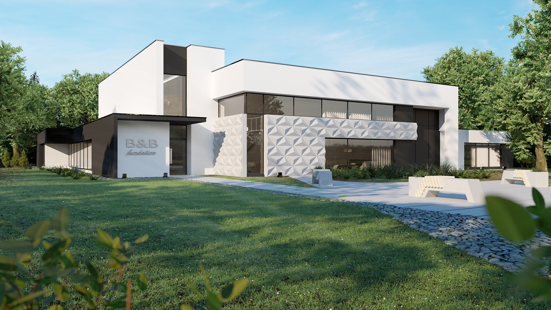 Wizualizacja nowoczesnego domu z białą elewacją, geometrycznym panelem dekoracyjnym, dużymi oknami i minimalistycznymi ławkami na trawniku.