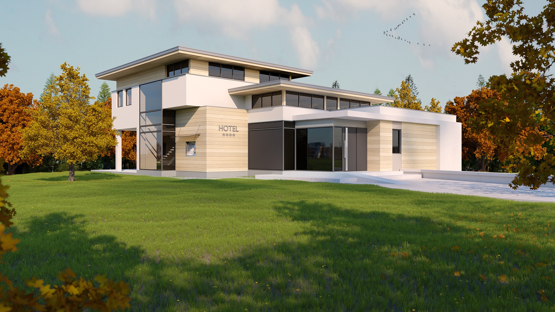 Wizualizacja trzykondygnacyjnego, nowoczesnego hotelu z płaskim dachem, przeszkloną klatką schodową i elewacją z jasnego drewna, otoczonego zielonym trawnikiem i drzewami w jesiennych barwach,...