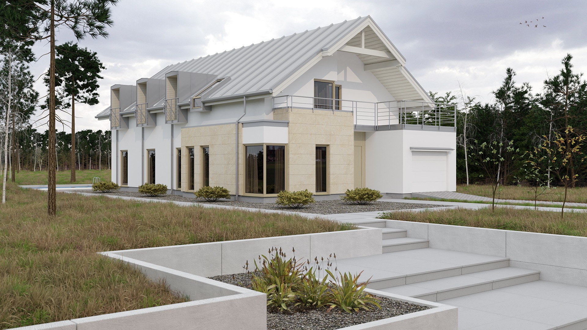 Wizualizacja nowoczesnego, dwukondygnacyjnego domu z garażem, beżową elewacją i szarą metalową dachówką, otoczonego trawnikiem i elementami małej architektury z betonu.
