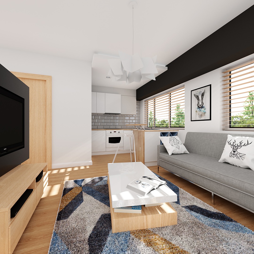 Wizualizacja wnętrza: salon z aneksem kuchennym, szara sofa z dekoracyjnymi poduszkami, biały stolik kawowy na dywanie w geometryczne wzory, białe meble kuchenne z szarą glazurą.