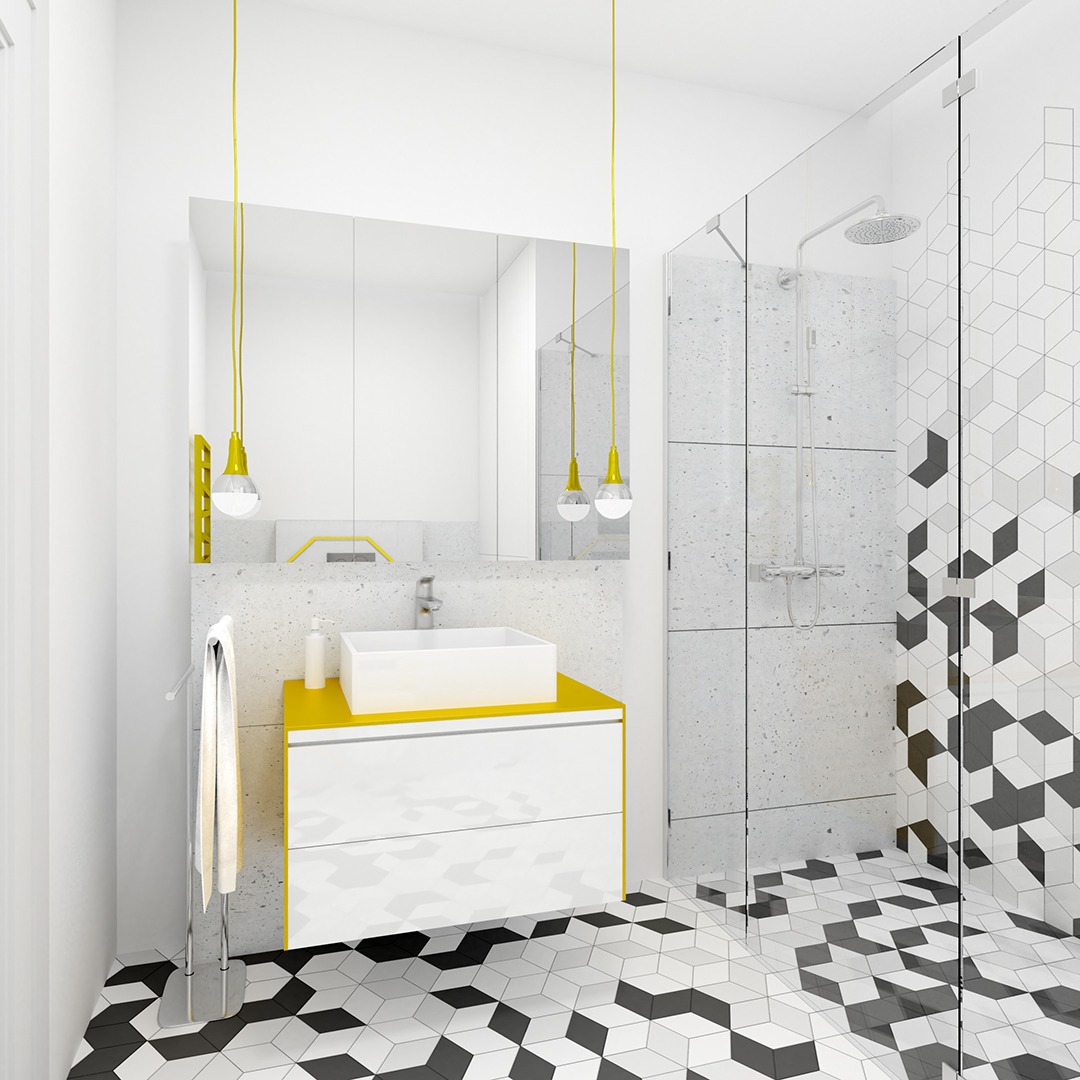 Wizualizacja nowoczesnej łazienki z geometryczną posadzką, żółtymi akcentami i przeszkloną kabiną prysznicową.