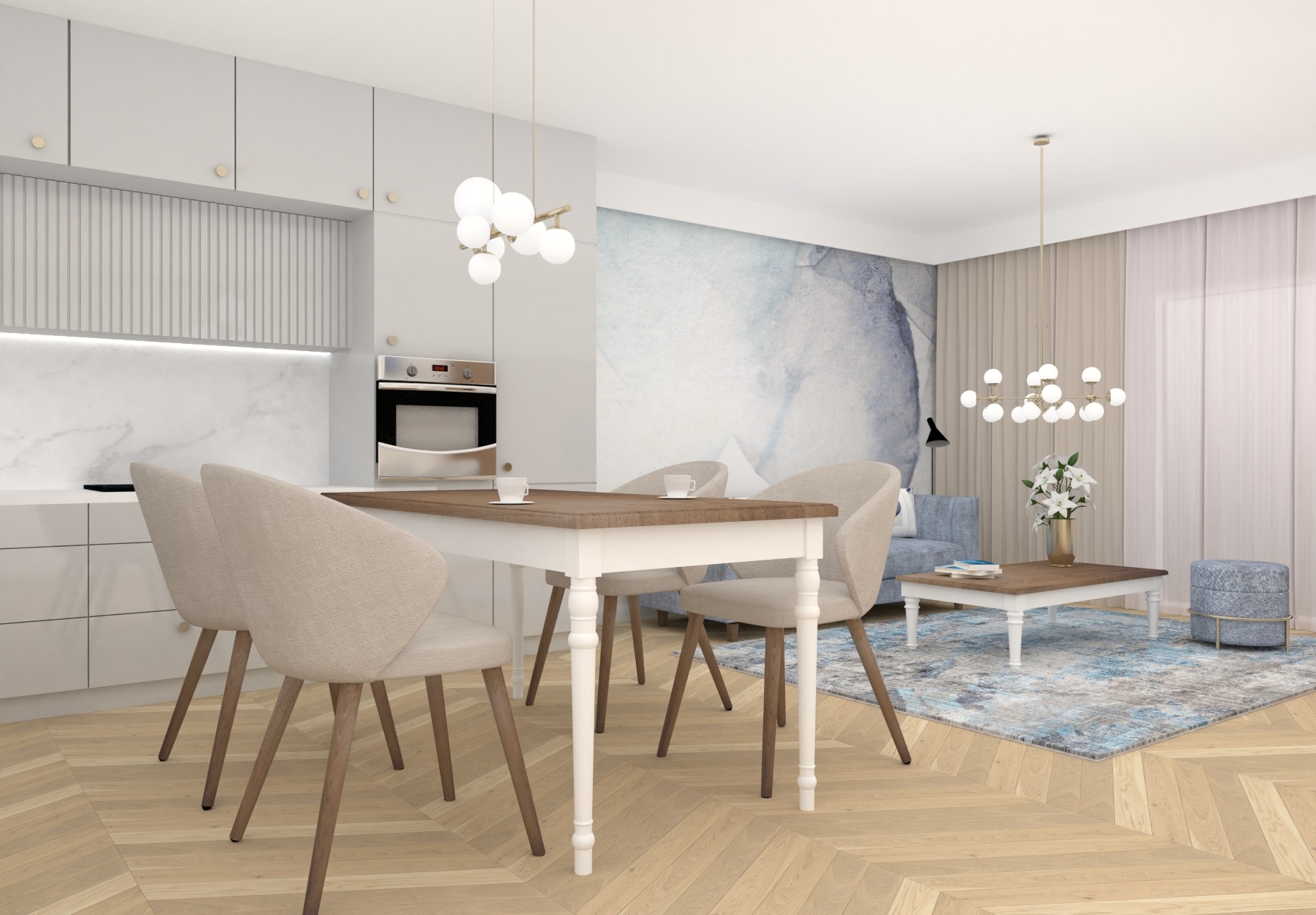 Wnętrze mieszkania z otwartą kuchnią, jadalnią i salonem, z parkietem w jodełkę, białymi meblami kuchennymi, stołem z białymi nogami i drewnianym blatem, krzesłami tapicerowanymi w beżu, lampami...