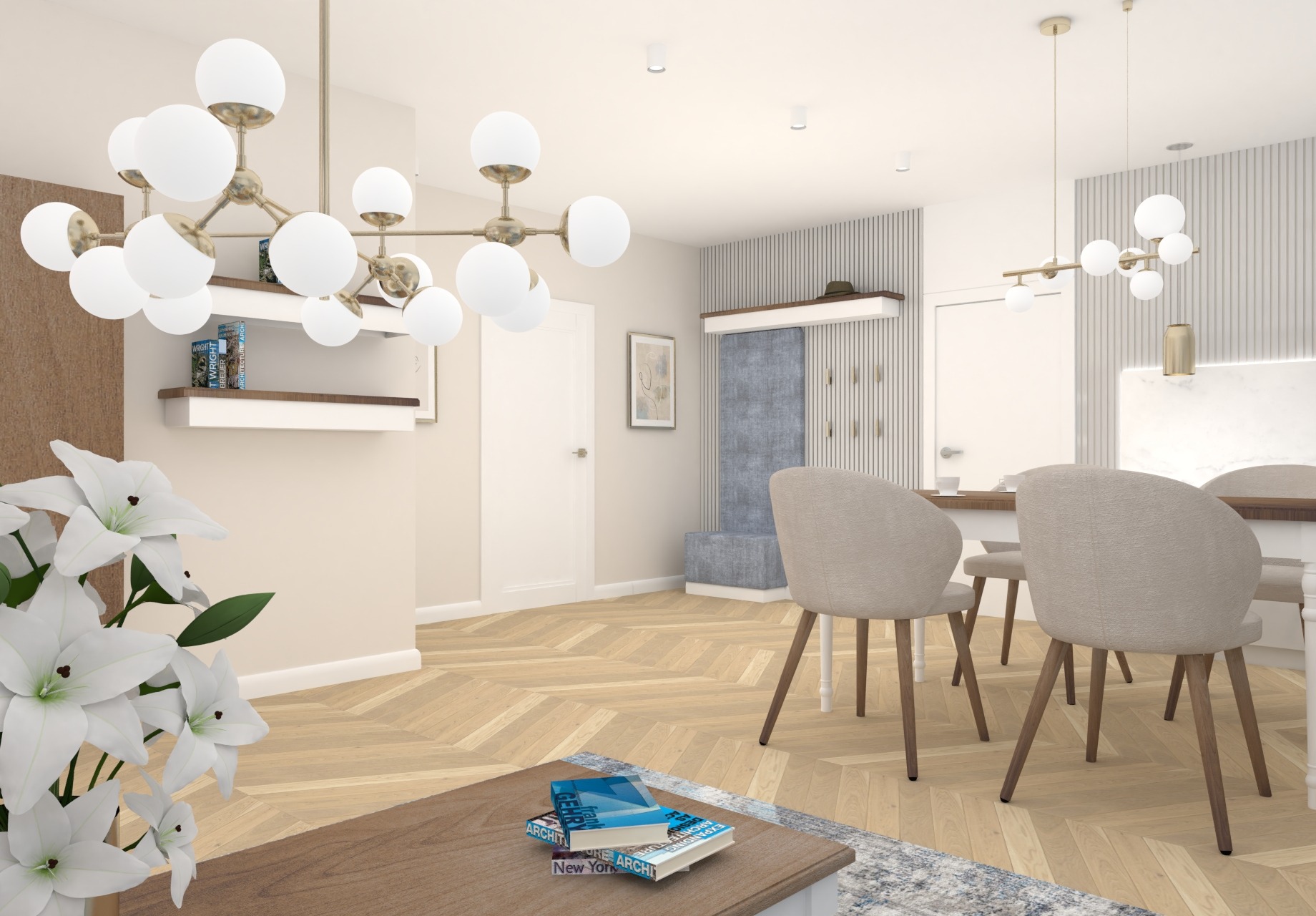 Jasne wnętrze jadalni z parkietem w jodełkę, minimalistycznymi krzesłami i kulistymi lampami, z akcentem w postaci białych lilii na pierwszym planie.