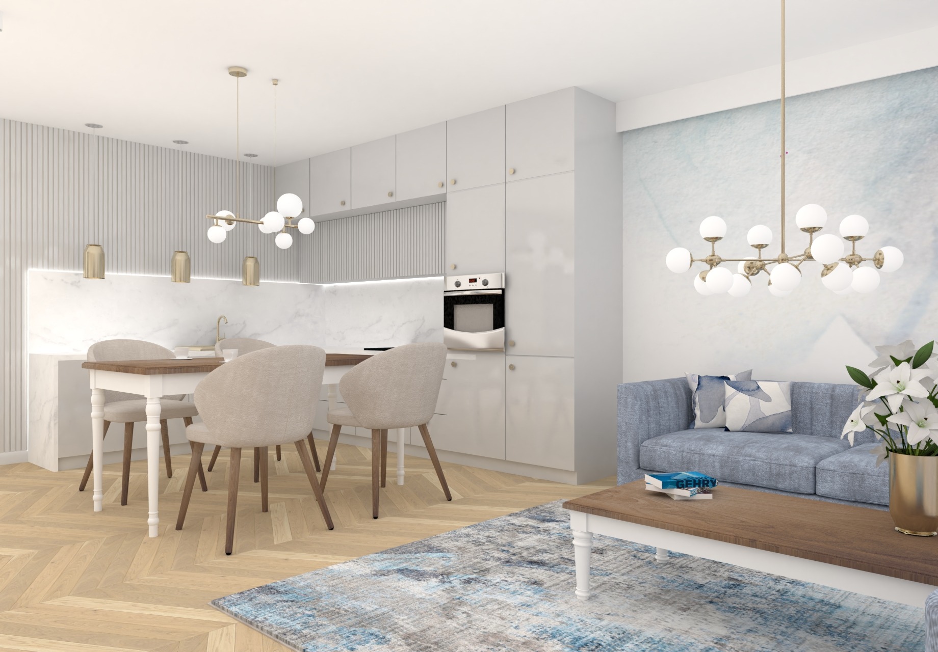 Jasne wnętrze: połączona kuchnia z jadalnią i salonem, drewniany parkiet w jodełkę, biała zabudowa kuchenna, stół z krzesłami, niebieska sofa, abstrakcyjny obraz na ścianie i nowoczesne lampy.