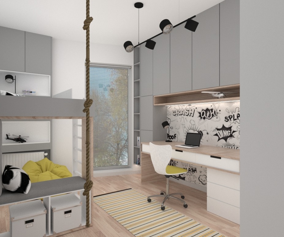 Pokój młodzieżowy z łóżkiem na antresoli, biurkiem z komiksowym motywem na ścianie i liną do wspinaczki