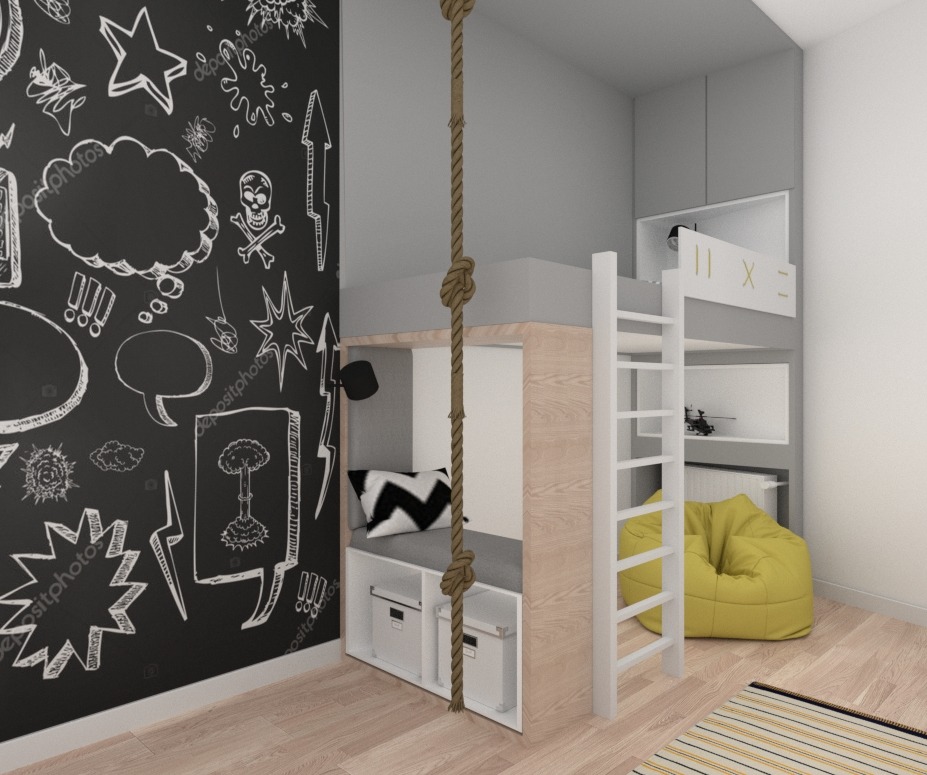 Pokój dziecięcy z łóżkiem piętrowym, drabinką i liną do wspinaczki, czarna ściana z rysunkami kredą, żółty puf i drewniana podłoga.