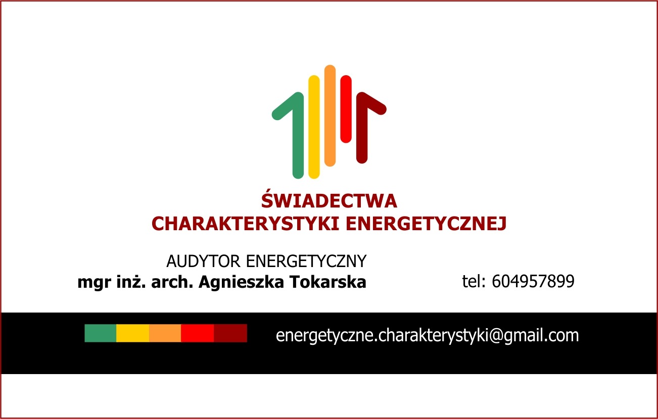 Wizytówka audytora energetycznego: logo z kolorowymi pionowymi liniami symbolizującymi budynek, napis 'Świadectwa Charakterystyki Energetycznej', imię i nazwisko mgr inż. arch. Agnieszka Tokarska...