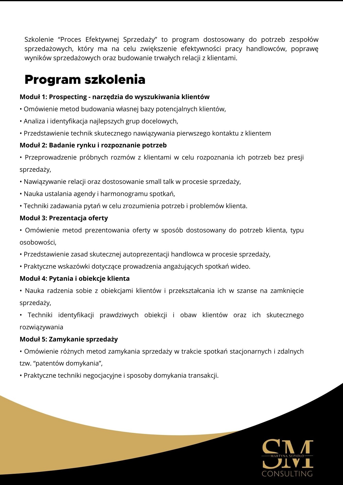 Program szkolenia 'Proces Efektywnej Sprzedaży' z modułami i punktami, logo firmy konsultingowej w prawym dolnym rogu, na białym tle z elementami koloru złotego.