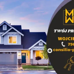 Wizualizacja domu jednorodzinnego z dwustanowiskowym garażem, prezentowana obok danych kontaktowych biura projektowego 'Consilio' z hasłem 'Twój projekt domu!' i QR kodem.