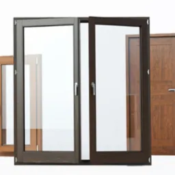 Różne typy stolarki otworowej: okna rozwierne z drewna, przesuwne okno aluminiowe z ciemną ramą, drzwi wewnętrzne z klamkami, na białym tle.