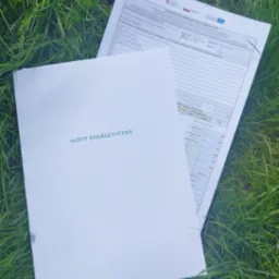 Dokumenty audytu energetycznego leżące na trawie: biała teczka z napisem 'Audyt Energetyczny' i formularz 'Dokument Podsumowujący Audyt Energetyczny'.