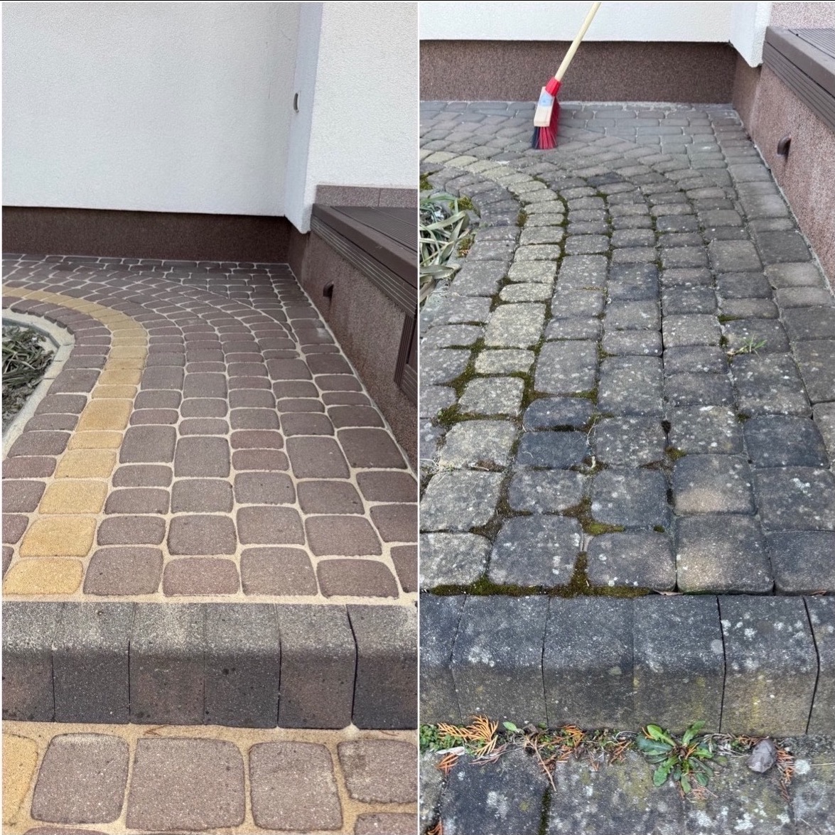 Porównanie kostki brukowej przed i po czyszczeniu: po lewej stronie czysta, brązowo-żółta kostka, po prawej brudna, szara z mchem, z widoczną szczotką do zamiatania.