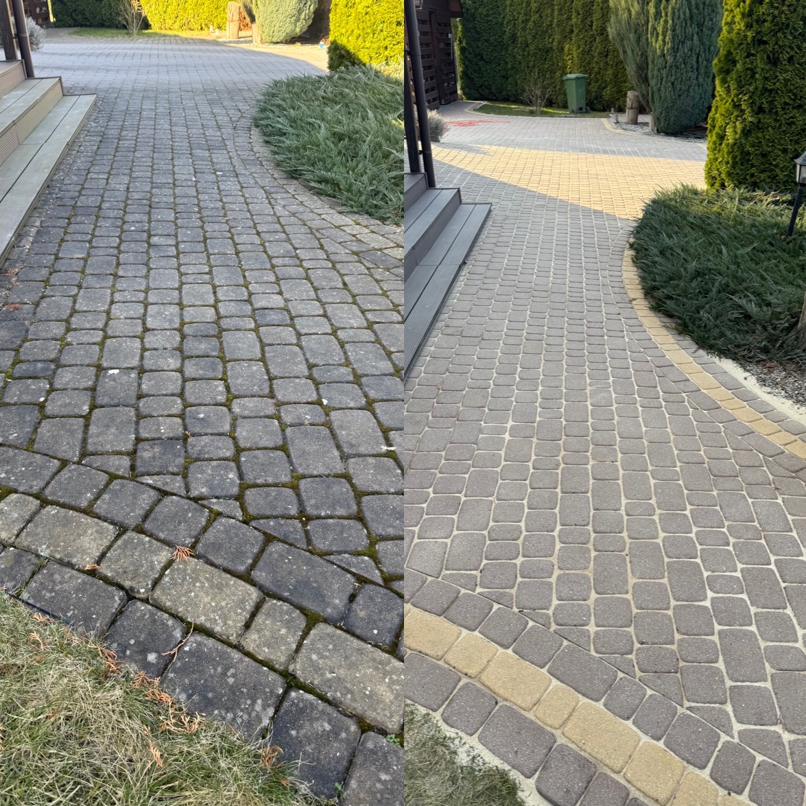 Porównanie stanu kostki brukowej przed i po czyszczeniu: lewa strona pokryta mchem i zabrudzeniami, prawa strona odzyskuje pierwotny kolor i estetyczny wygląd.