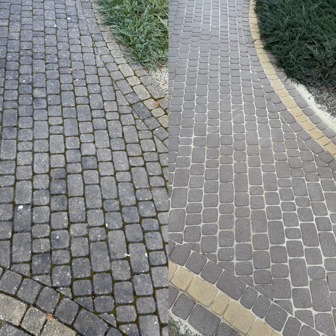 Porównanie stanu kostki brukowej przed i po czyszczeniu, widoczne zazielenienie i zabrudzenia na lewej stronie oraz czysta powierzchnia po prawej, z elementami ozdobnymi w postaci jasnych obrzeży...