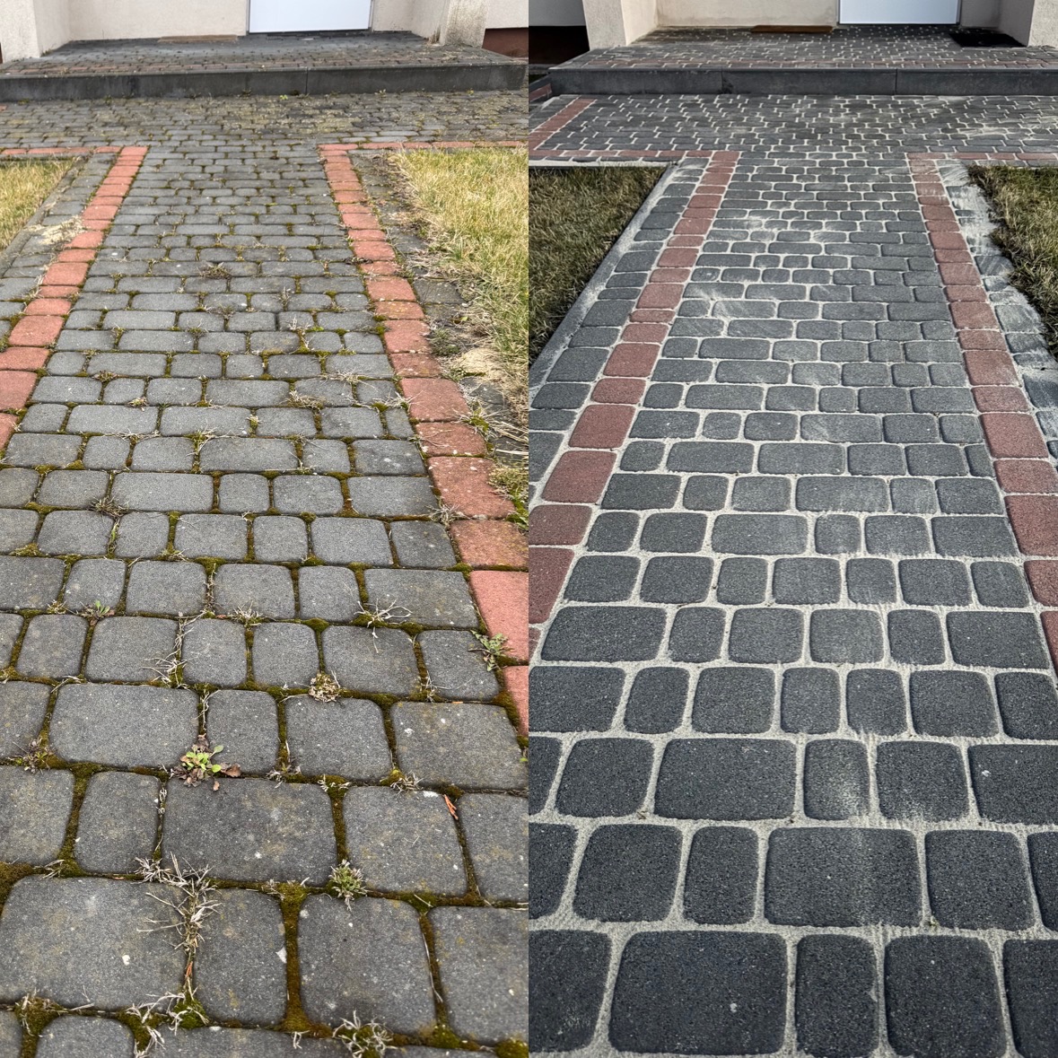 Porównanie kostki brukowej przed i po czyszczeniu: po lewej stronie brudna, porośnięta mchem i chwastami, po prawej wyczyszczona, z widocznym oryginalnym kolorem i fakturą.