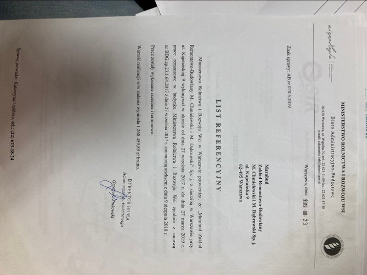 Skan dokumentu: List referencyjny z Ministerstwa Rolnictwa i Rozwoju Wsi dla firmy Marabud Zakład Remontowo-Budowlany, potwierdzający wykonanie prac remontowych w budynku ministerstwa w latach...