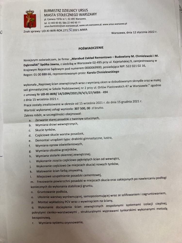 Skan dokumentu urzędowego - poświadczenie od Burmistrza Dzielnicy Ursus o wykonaniu prac remontowych przez firmę Marabud, obejmujących naprawę ścian, wymianę okien, zerwanie posadzek, skucie tynków...