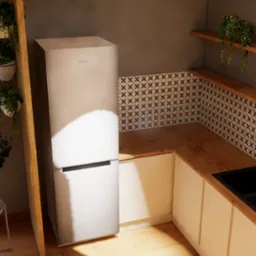 Kompaktowa kuchnia z drewnianym blatem, czarnym zlewozmywakiem i białą zabudową, uzupełniona o rośliny doniczkowe i geometryczne płytki na ścianie.