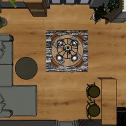 Widok z góry na wizualizację mieszkania z drewnianą podłogą, szarą sofą narożną, okrągłym stolikiem kawowym, okrągłym stołem jadalnym z nakryciami dla sześciu osób, aneksem kuchennym z czarnymi...