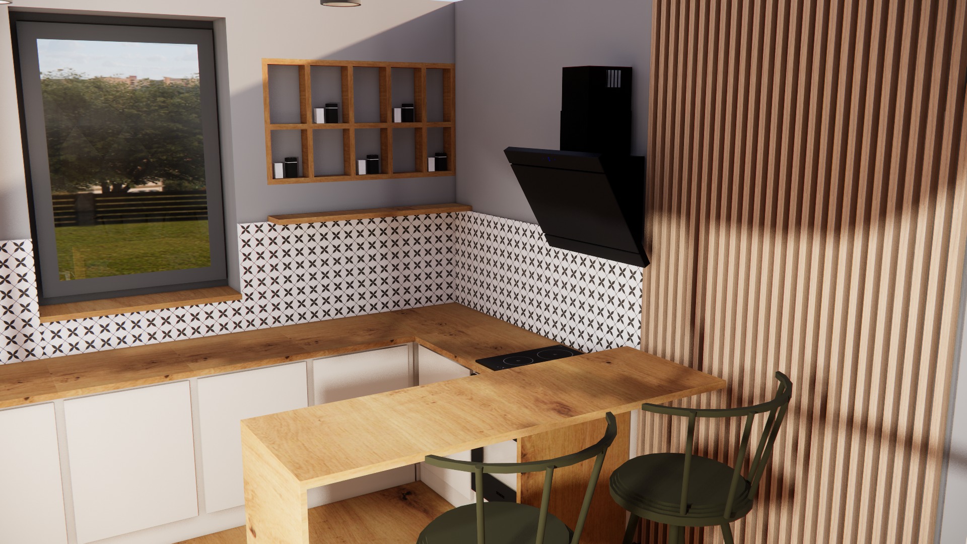 Wizualizacja kuchni z drewnianym blatem, białymi szafkami, tapetą w czarno-białe krzyżyki i czarnym okapem, uzupełniona o drewniane lamele na ścianie i zielone krzesła barowe.