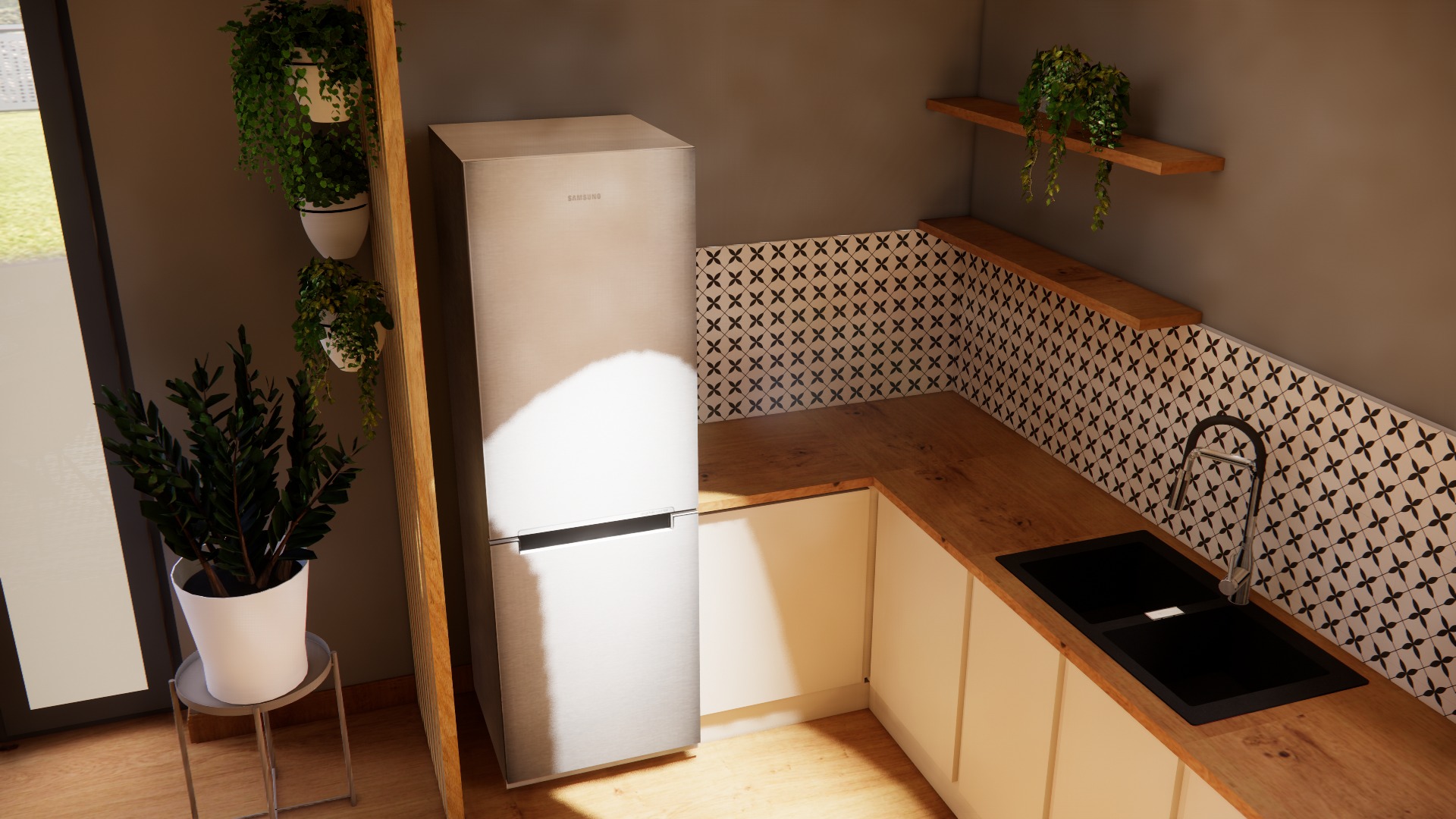 Kompaktowa kuchnia z drewnianym blatem, czarnym zlewozmywakiem i białą zabudową, uzupełniona o rośliny doniczkowe i geometryczne płytki na ścianie.