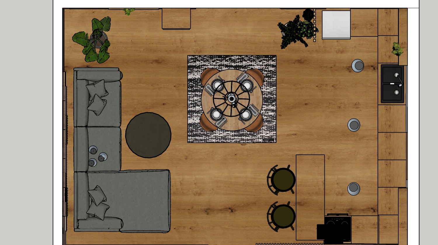 Widok z góry na projekt aranżacji wnętrza mieszkania: salon z narożną sofą, okrągłym stolikiem kawowym, jadalnią z okrągłym stołem i kuchnią z zabudową drewnopodobną.