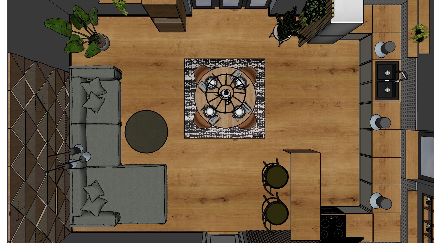 Widok z góry na wizualizację mieszkania z drewnianą podłogą, szarą sofą narożną, okrągłym stolikiem kawowym, okrągłym stołem jadalnym z nakryciami dla sześciu osób, aneksem kuchennym z czarnymi...