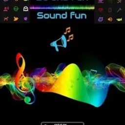 Grafika reklamowa aplikacji mobilnej z tęczowymi falami dźwiękowymi, nutami, ikoną megafonu i logiem Google Play na czarnym tle.