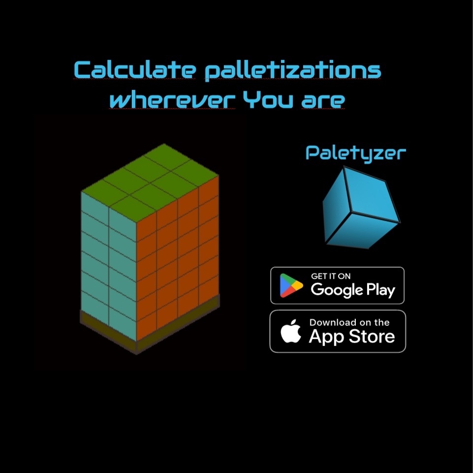 Grafika prezentująca aplikację Paletyzer do kalkulacji paletyzacji, z wizualizacją ułożonych kostek i ikonami sklepów Google Play i App Store.