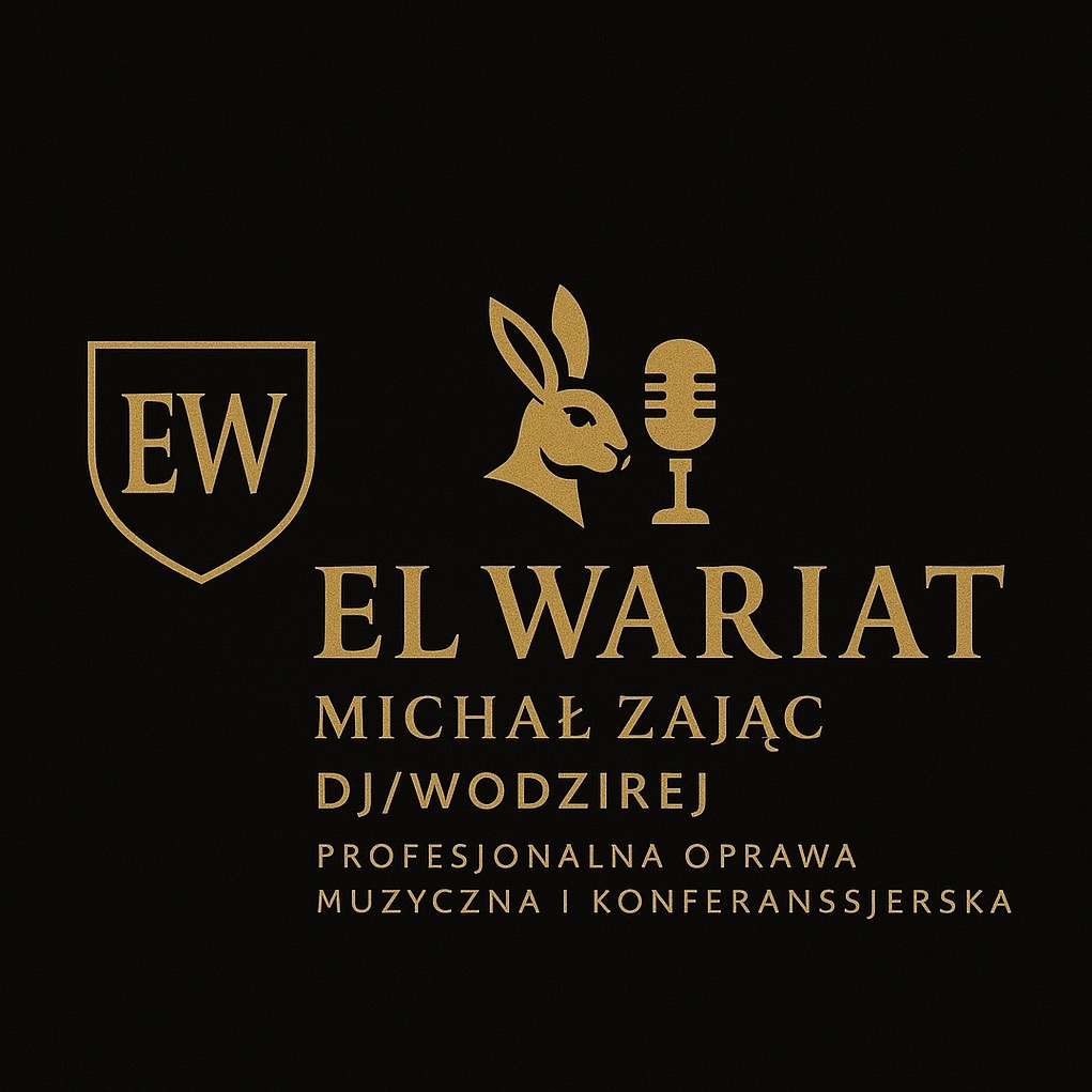 Eleganckie logo DJ'a i wodzireja 'El Wariat' z motywem królika i mikrofonu w kolorze złotym na czarnym tle. Profesjonalna oprawa muzyczna i konferansjerska.