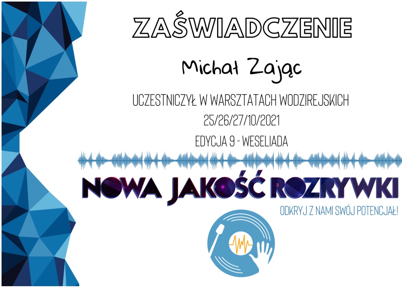 Zeskanowane zaświadczenie uczestnictwa w warsztatach wodzirejskich Michała Zająca, edycja 9 - Weseliada, z hasłem 'Nowa jakość rozrywki'.