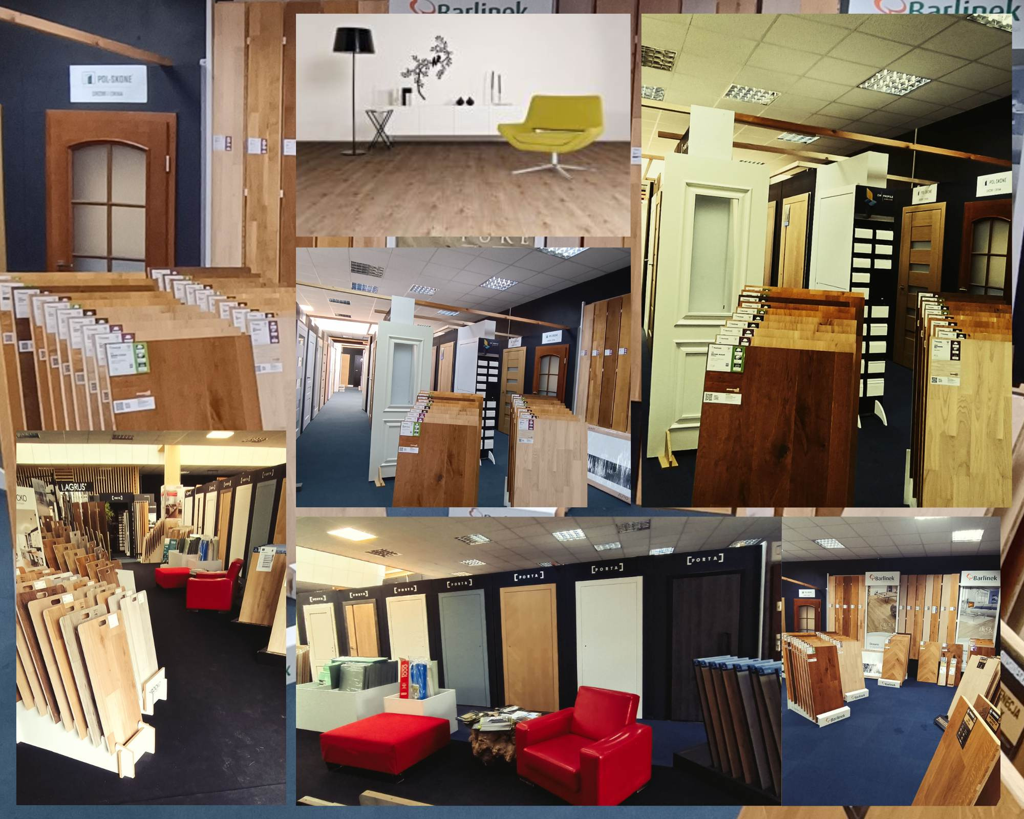 Ekspozycja drzwi wewnętrznych i paneli podłogowych w salonie sprzedaży, prezentująca różnorodność wzorów i kolorów, z oświetleniem sufitowym i elementami wystroju wnętrz.