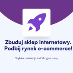 Grafika reklamowa: fioletowa rakieta w białym kwadracie, hasło 'Zbuduj sklep internetowy. Podbij rynek e-commerce!' oraz 'Szybka realizacja i atrakcyjne ceny' na jasnym tle.