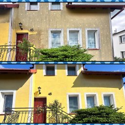 MGProfessional - Żółta elewacja domu przed i po zabiegu czyszczenia, widoczna różnica w kolorze i usuniętych zabrudzeniach, numer domu '45' nad wejściem.