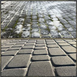 MGProfessional - Kostka brukowa: górna część zdjęcia z mchem i resztkami białego nalotu, dolna część po czyszczeniu, ukazująca szary kolor i fakturę.