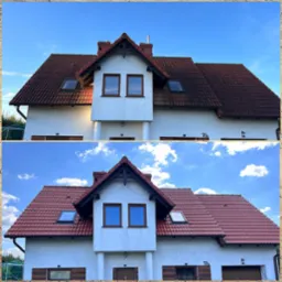 Porównanie dachu przed i po: górna część zdjęcia przedstawia dach z widocznym zabrudzeniem, dolna część pokazuje dach po renowacji, z czystą czerwoną dachówką i odświeżonymi elementami...