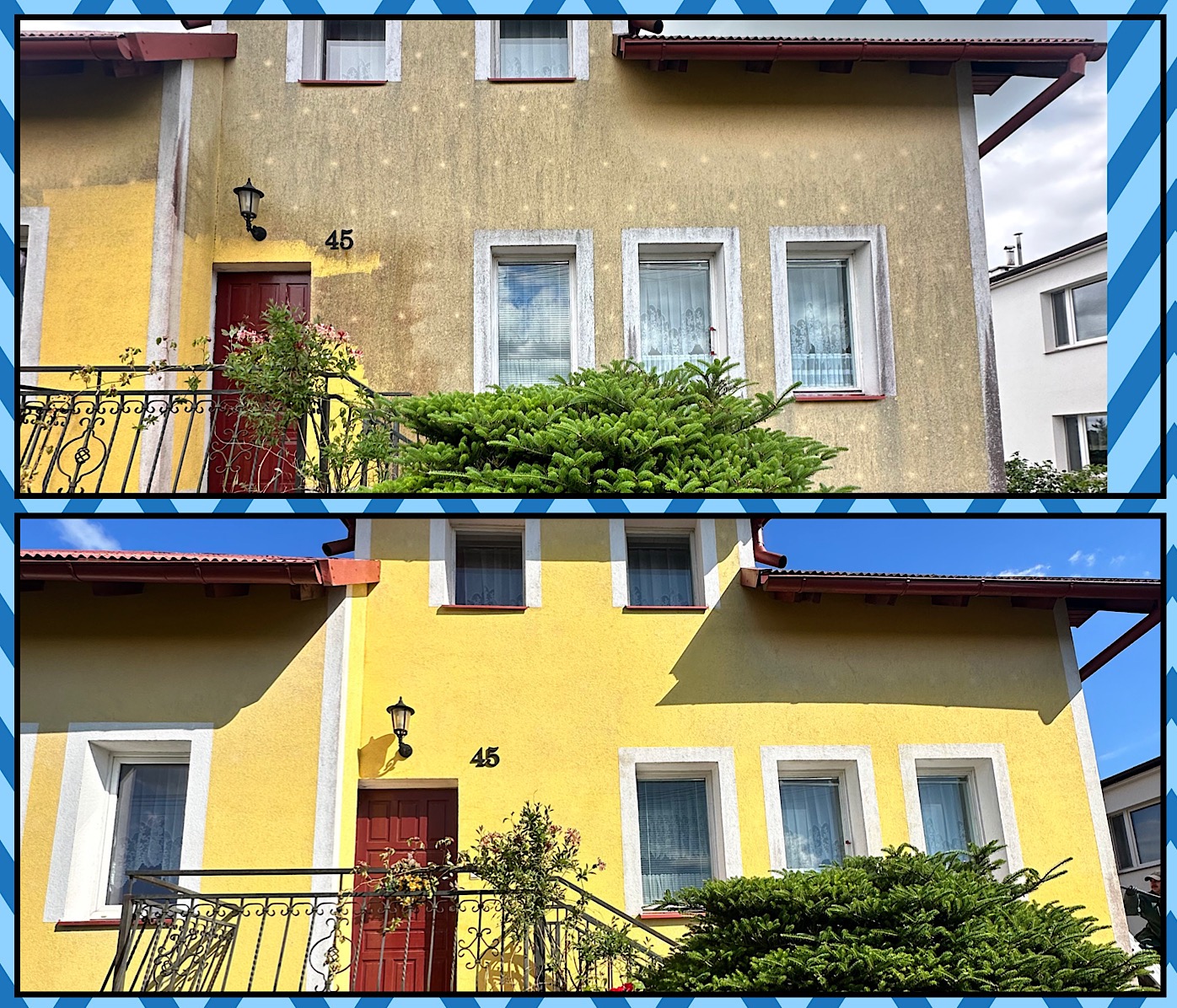 Żółta elewacja domu przed i po zabiegu czyszczenia, widoczna różnica w kolorze i usuniętych zabrudzeniach, numer domu '45' nad wejściem.