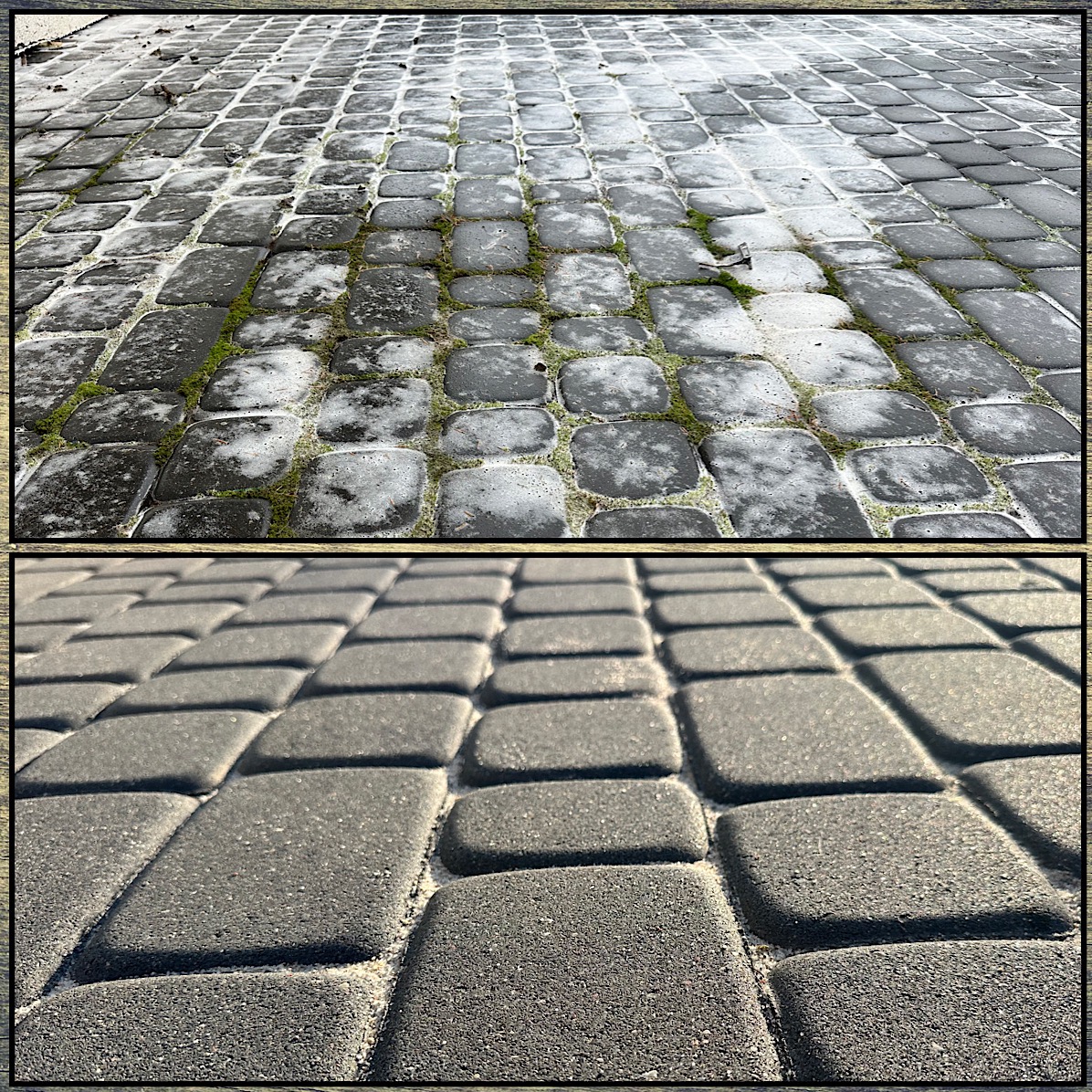 Kostka brukowa: górna część zdjęcia z mchem i resztkami białego nalotu, dolna część po czyszczeniu, ukazująca szary kolor i fakturę.