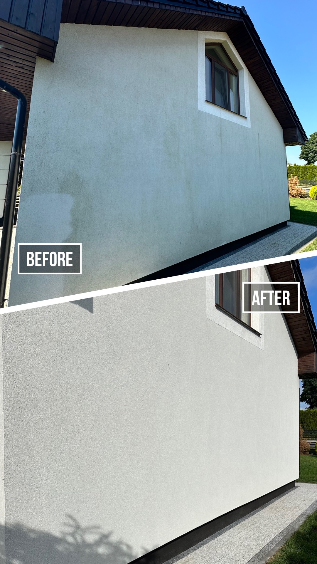 Porównanie stanu elewacji budynku przed i po zabiegu, ukazujące różnicę w czystości i wyglądzie, z wyraźnym kontrastem między zabrudzoną powierzchnią a odnowioną, jasną elewacją.